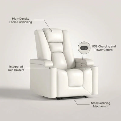 Home Theater Recliner Built for Comfort, Power Reclining Function, USB Charging Ports, Dual Cup Holders