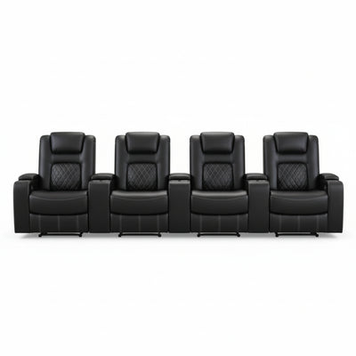 Home Theater Seats Built for Luxury Viewing, Faux Leather, Power Recline, USB Ports, 4-Seat Set