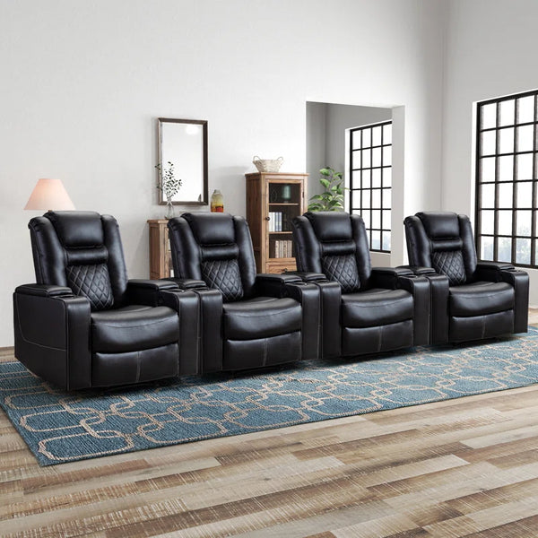 Home Theater Seats Built for Luxury Viewing, Faux Leather, Power Recline, USB Ports, 4-Seat Set