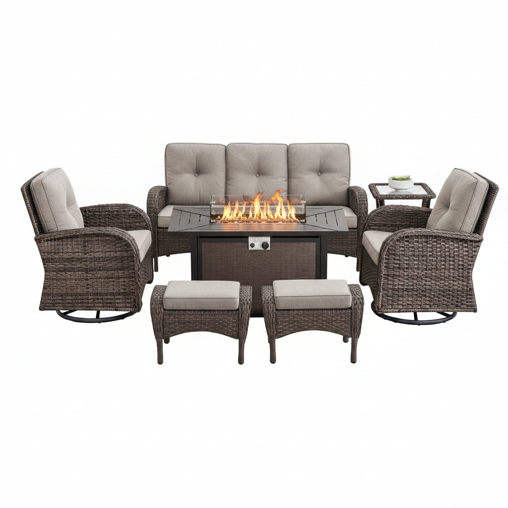 Outdoor Patio Furniture Set Built for Year-Round Comfort, Fire Pit Table, Swivel Chairs, Weather-Resistant