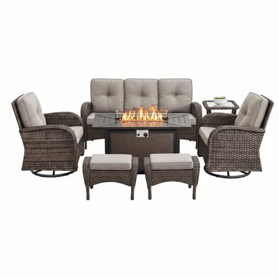 Outdoor Patio Furniture Set Built for Year-Round Comfort, Fire Pit Table, Swivel Chairs, Weather-Resistant