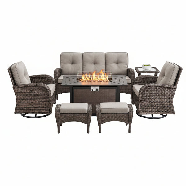 Outdoor Patio Furniture Set Built for Year-Round Comfort, Fire Pit Table, Swivel Chairs, Weather-Resistant