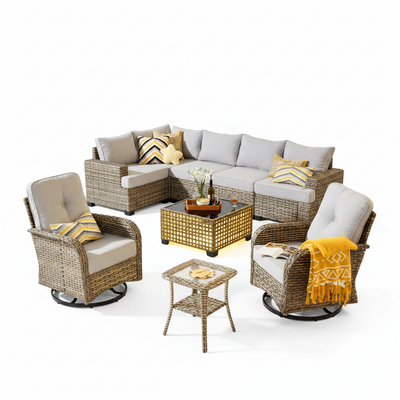 9-Piece Wicker Patio Conversation Set with Swivel Chairs, Gray
