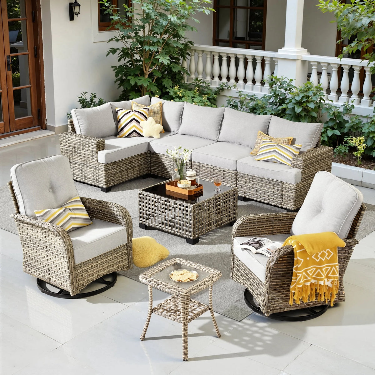 9 Pieces Patio Furniture Set outside Furniture Wicker Patio Conversation Set with Swivel Chairs, Outdoor Furniture for Garden, Gray — product view 12
