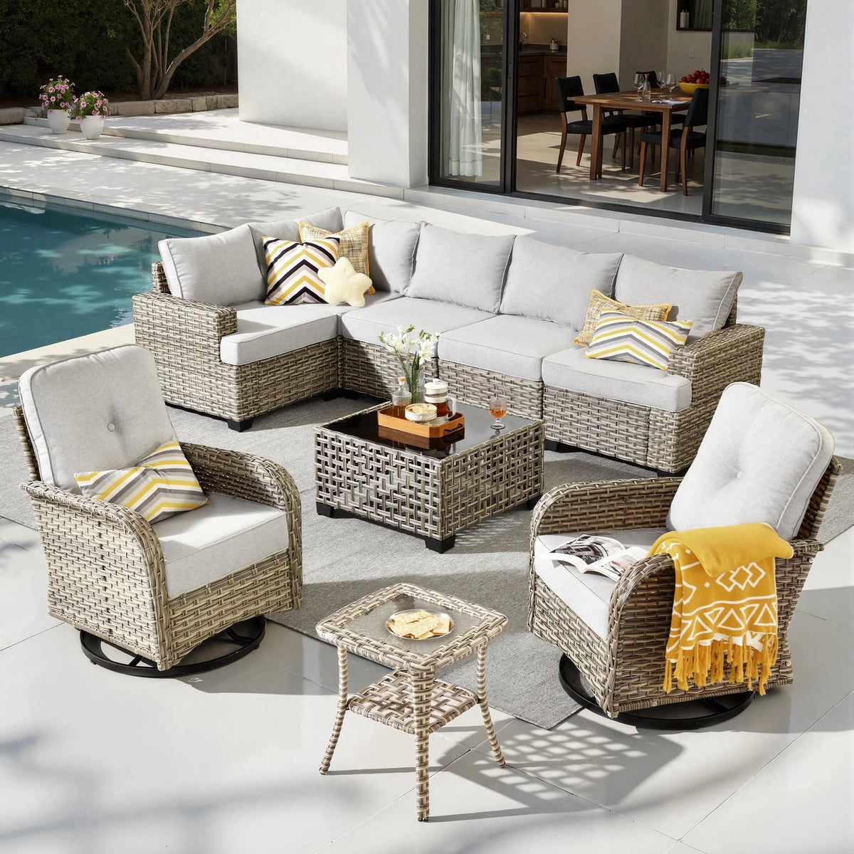 9 Pieces Patio Furniture Set outside Furniture Wicker Patio Conversation Set with Swivel Chairs, Outdoor Furniture for Garden, Gray — product view 15