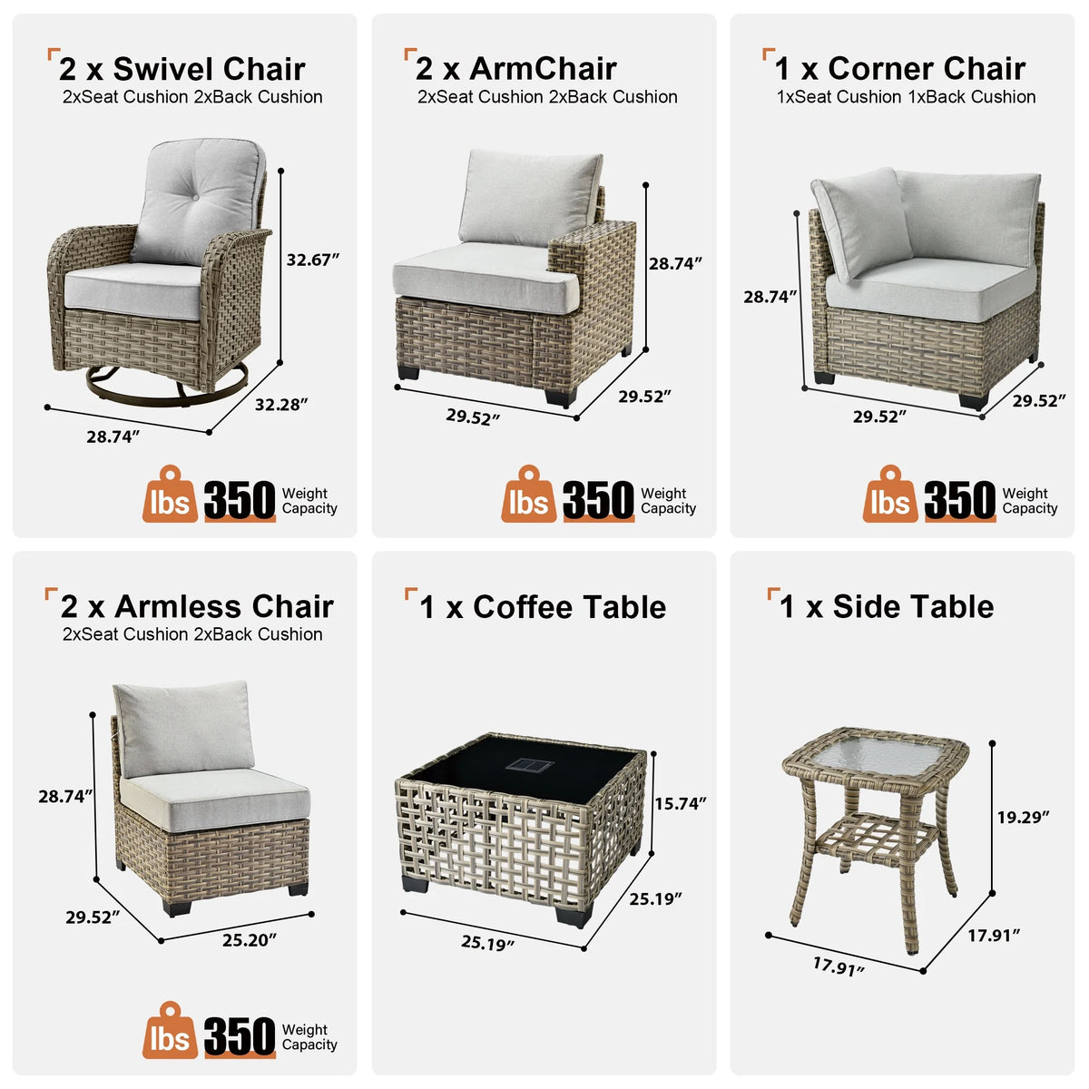 9 Pieces Patio Furniture Set outside Furniture Wicker Patio Conversation Set with Swivel Chairs, Outdoor Furniture for Garden, Gray — product view 3