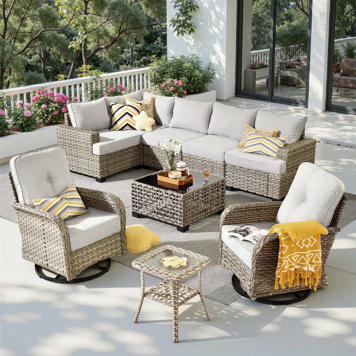 9 Pieces Patio Furniture Set outside Furniture Wicker Patio Conversation Set with Swivel Chairs, Outdoor Furniture for Garden, Gray — product view 5