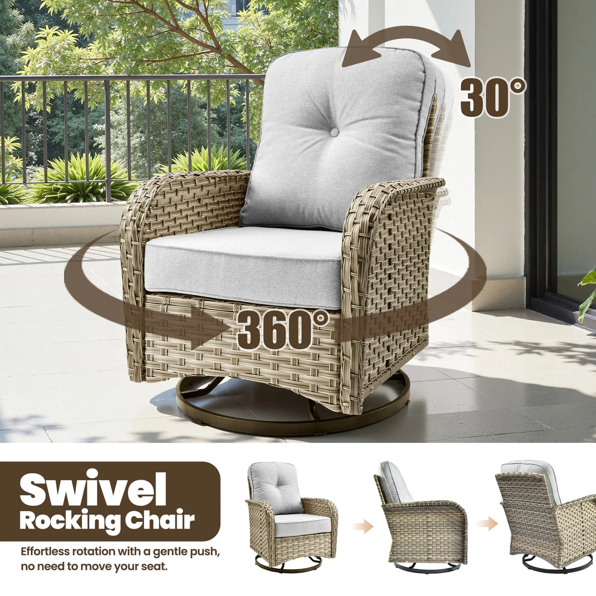 9 Pieces Patio Furniture Set outside Furniture Wicker Patio Conversation Set with Swivel Chairs, Outdoor Furniture for Garden, Gray — product view 9