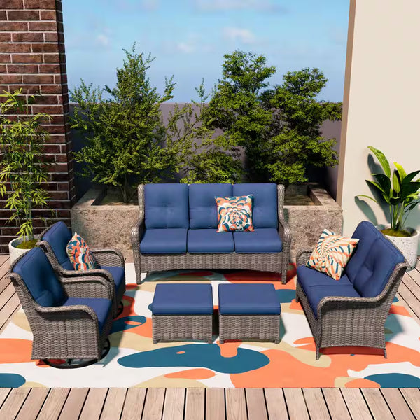 6-Piece Patio Conversation Set with Blue Cushions