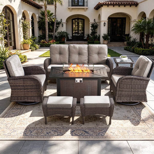 Outdoor Patio Furniture Set Built for Year-Round Comfort, Fire Pit Table, Swivel Chairs, Weather-Resistant