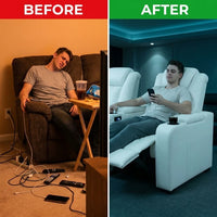 Faux Leather Home Theater Recliner Built for Comfort, Power Reclining, USB Charging, Cup Holders — Before & After