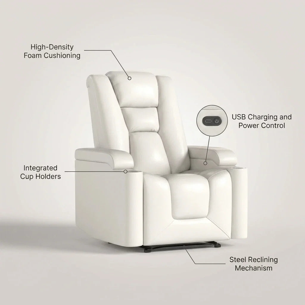Faux Leather Home Theater Recliner Built for Comfort, Power Reclining, USB Charging, Cup Holders — infographic