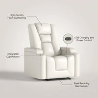 Faux Leather Home Theater Recliner Built for Comfort, Power Reclining, USB Charging, Cup Holders — infographic