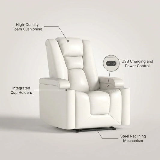Faux Leather Home Theater Recliner Built for Comfort, Power Reclining, USB Charging, Cup Holders — infographic
