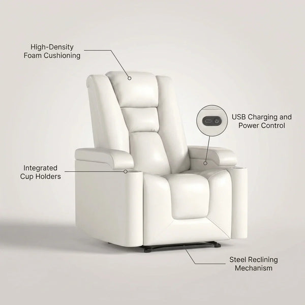 Faux Leather Home Theater Recliner Built for Comfort, Power Reclining, USB Charging, Cup Holders — infographic